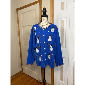 Storybook Knits 2XL American Snowman Flag Beaded Cardigan Sweater Blue Patriotic